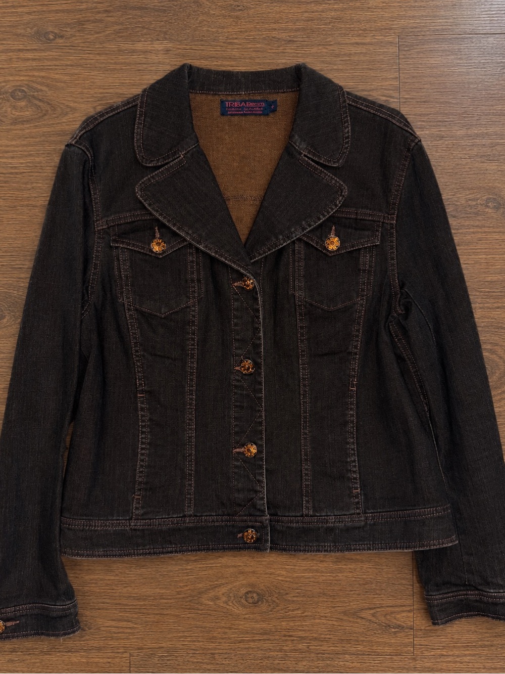 Tribal Denim Dark Brown Jean Jacket Gold Floral Buttons Size 10